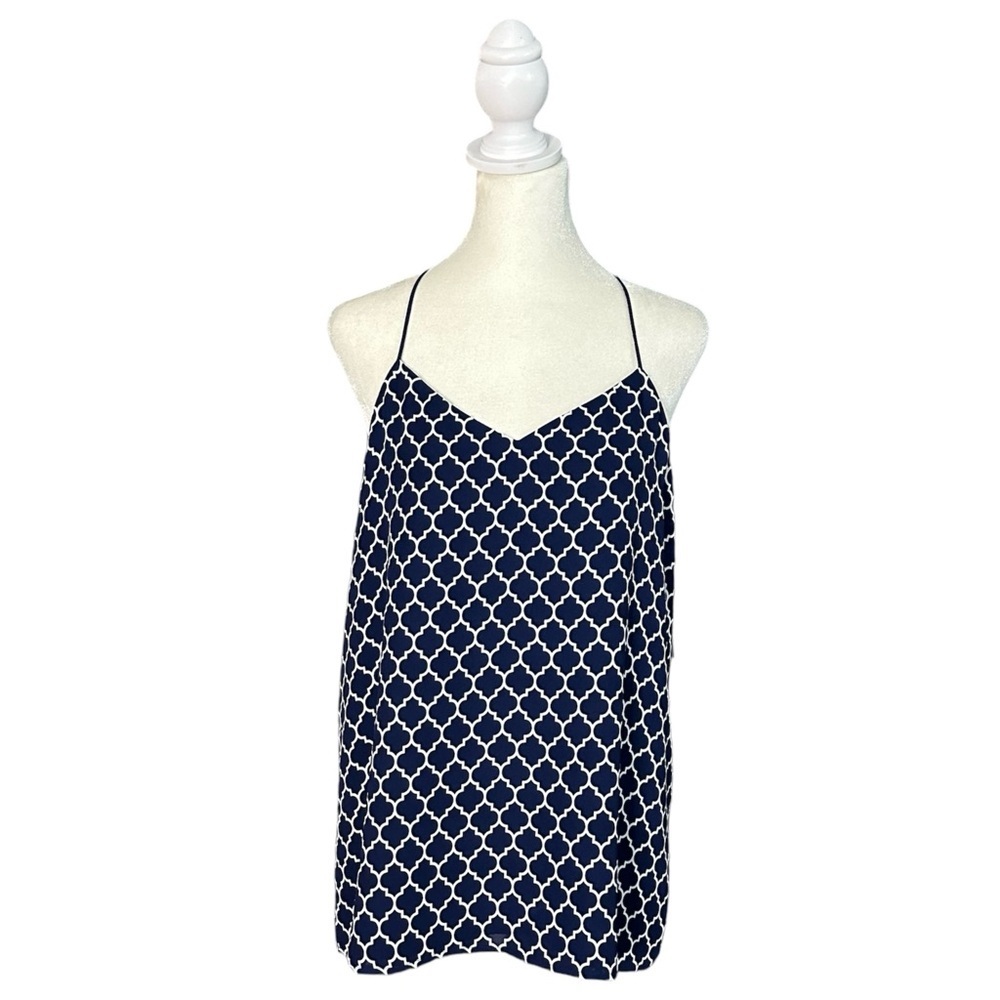 Express Blue & White Damask Print Spaghetti Strap Keyhole Halter Top Sz Medium